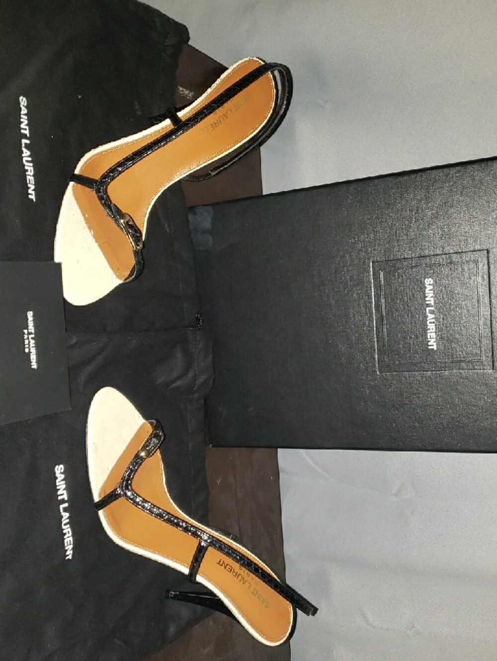 Saint Laurent Black Croc-Embossed Thong Sandals with Tan Footbed - Picture 3 of 5